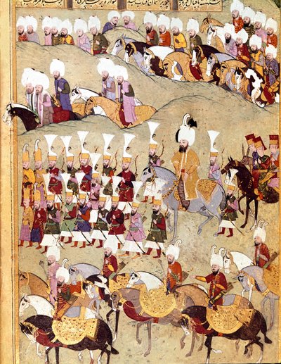 Osmanska riket: "" representation av den ottomanska sultanen Murad II (Murat) (1404-1451) och hans Armee under invasionen av Persien""" Manuskriptminiatyr ms. FY 1404 "" Sehinsahname"" (eller Shahinshah-nameh eller Shahinshah-nameh, Shahinshah nama, Shahin av Ottoman School