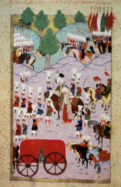 Osmanska riket: representation av Sultan Soliman (Suleyman) Jag sa den magnifika (1520-1566) och hans armé. Miniatyr från "Hunername" av Lokman, vol. 1 (H 1523, f.7) 1584 Topkapi Sarayi Museum Library Istanbul av Ottoman School
