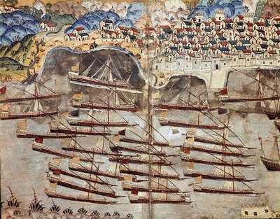 Osmanska riket: representation av Barberossas flotta (Khizir Khayr ad-din (Barbaros Hozor Hayreddin Pasha eller Pasa eller Chair ad Din, Chaireddin eller Cheireddin) (1466-1546), kapare, vänd mot staden Nice. Miniatyr hämtad från 