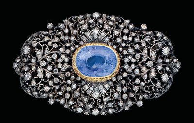 Osmansk diamant och safir infälld brosch (safir och diamanter i guld och silver) av Ottoman School
