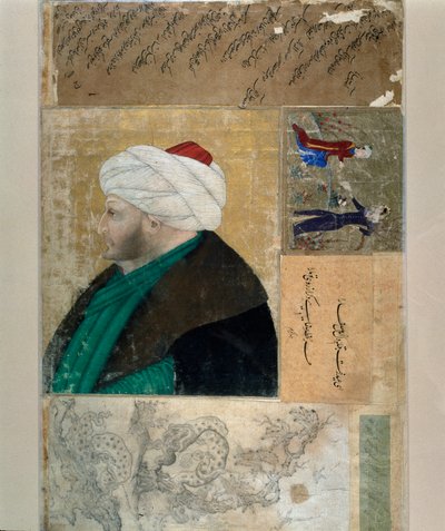 Porträtt av sultanen av det osmanska riket Mehet II (Mehmet II erövraren eller Mehmed II Fatih) (1430-1481) Turkisk miniatyr från manuskriptet Ms. H. 2153, folio 145b. Slutet av 1400-talet. Istanbul, Biblioteca Topkapi Sarayi av Ottoman School