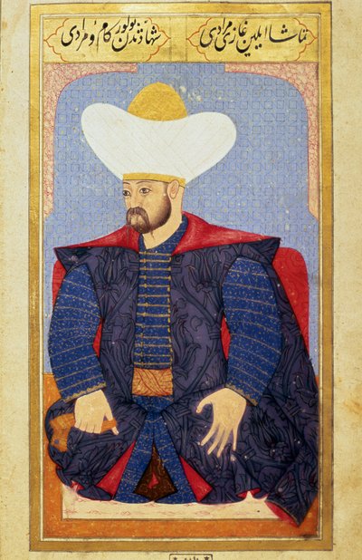Porträtt av sultanen av det osmanska riket Murad I (1326-1389) Miniatyr från manuskriptet "" Mänsklig fysiognomi (Om personliga arrangemang av ottomanerna) av Seyyid Lokman Hussein. (Ms. ty6087 folio 27b) av Ottoman School