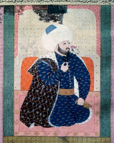 Porträtt av sultanen av det osmanska riket Mehet II (Mehmet II erövraren eller Mehmed II Fatih) (1430-1481) Miniatyr från manuskriptet (Ms. 1973, folio 62a) "Zubdatat-al Tawarikh" (Zubdat al-Tawarikh) ( Creme of Stories) av historikern Seyyid Loqman As av Ottoman School