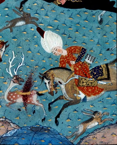 Representation av sultan Murad II (Murat) (1404-1451) hovmän som jagar rådjur och hare Detalj. 1600-tals miniatyr. Istanbul, Topkapi Sarayi Museum Library av Ottoman School