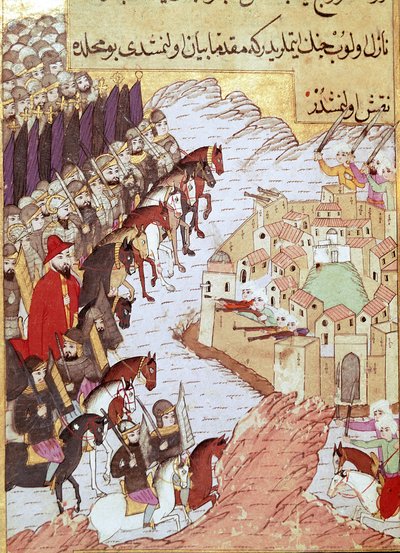 Andra korståget (1147-1149): korstågen framför staden Aleppo i Syrien. 1500-tals miniatyr. Topkapi Sarayi Istanbul av Ottoman School