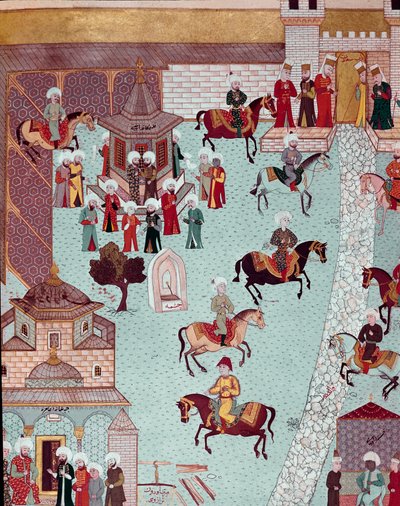 Utsikt över kyrkan St. Irene (Saint Irene), porten till Serail och sultanpalatset i Konstantinopel Miniatyr av 1600-talet. Topkapi Sarayi Istanbul av Ottoman School
