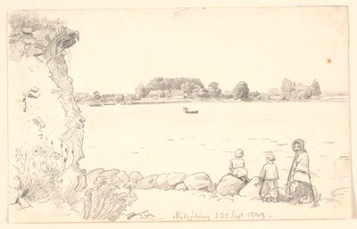 En dam och två barn vid Guldborgsund. Nykøbing Falster. av P.C. Skovgaard