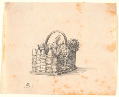 En flätad korg med växter och en bok. av P.C. Skovgaard