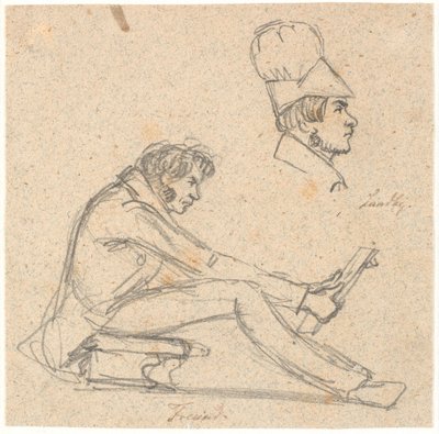 HAN. Freund sitter på en pall och tittar på en teckning. Ovanför t.h. profilporträtt av J. Th. Lundbye. av P.C. Skovgaard