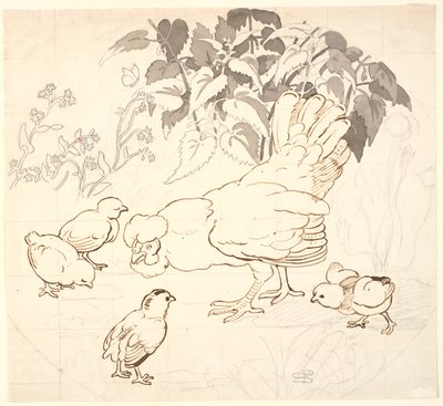 Höna med sina kycklingar i en cirkulär komposition. av P.C. Skovgaard