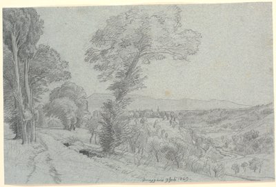 Italienskt bergslandskap med utsikt mot "Genazzano 9 Juli 1869.". av P.C. Skovgaard