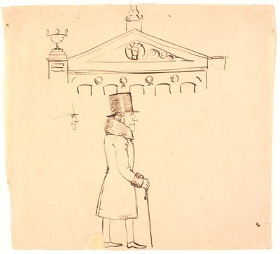 Karikatyr av en pälsklädd herre utanför kasinot. av P.C. Skovgaard