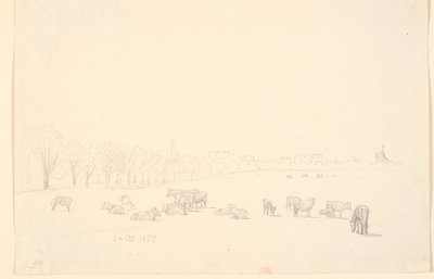 Kor på allmänningen, i bakgrunden Tagens Mølle av P.C. Skovgaard