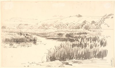 Landskap med en bäck längs vars bredd hög vass växer. Kullar i bakgrunden. Förmodligen Vejle av P.C. Skovgaard