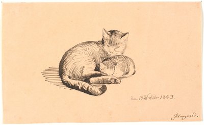 Liggande katt med sin kattunge. av P.C. Skovgaard