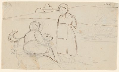 Sittande pojke med hund och stående flicka i ett landskap. av P.C. Skovgaard