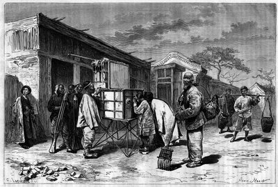 Aktivitet på gatorna i Pekin (Peking), med ett 1800-talsdiorama. Gravyr från en teckning av Sellier, från ett fotografi av Thomson, i "Le Tour du Monde, Nouveau journal des Voyages", redigerad av Edouard Charton, Paris av P. (after) Sellier
