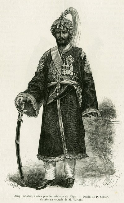 Jang Bahadur (1816-1877), Nepals premiärminister. Gravyr av P.Sellier för att illustrera berättelsen Voyage au Nepal, av Dr. Gustave Le Bon (1841-1931), i le tour du monde 1886, regisserad av Edouard Charton (1807-1890), Hachette, Paris. av P. (after) Sellier