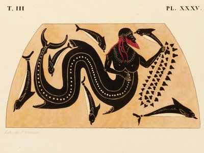 Tryck av dekorationen på en grekisk amfora, visar Poseidon ackompanjerad av delfiner, ca. 1858 (akvarell och kroppsfärg över litho på vävt papper) av P. Bineteau