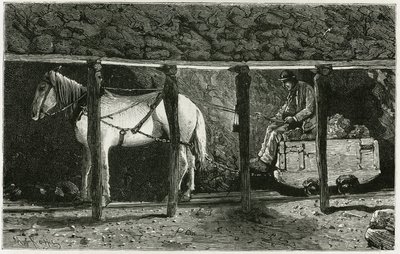 Interiör av ett galleri med berlaine. Gravyr av Ferat, för att illustrera berättelsen "" Belgien", av Camille Lemonnier (1844-1913) belgisk författare. Publicerad i Le Tour du monde, nouveau journal des voyages, 2:a terminen 1884, redigerad av Edouard Char av P. Ferat