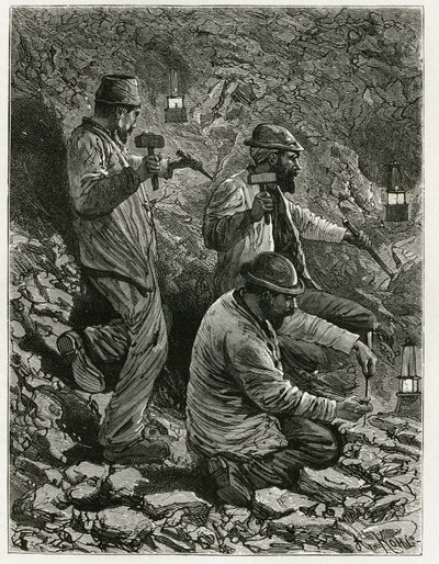 Gruvarbetare som utvinner kol i en åder. Gravyr av Ferat för att illustrera berättelsen "Belgien" av Camille Lemonnier (1844-1913), belgisk författare. Publicerad i Le Tour du monde, nouveau journal des voyages, 2:a halvåret 1884, redigerad av Edouard Char av P. Ferat