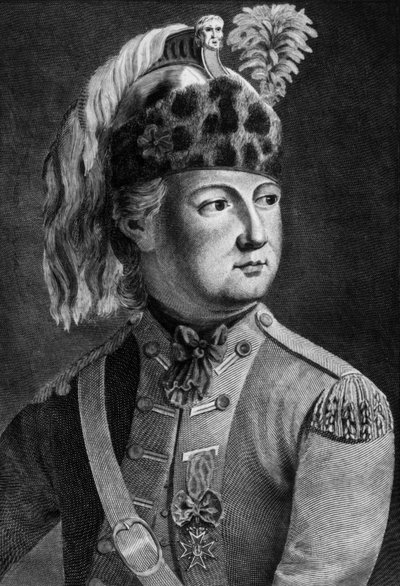 Riddare av Eon (1728-1810), fransk hemlig agent för kungen, han brukade korskläda sig, gravera av P. Jean Baptiste Bradel