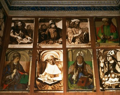 Studien av Federigo da Montefeltro, hertig av Urbino, medurs från TL: grekiska filosoferna Platon (c.427-347 f.Kr.) och Aristoteles (384-322 f.Kr.); Ptolemaios, astronom (c.90-168); Boethius, filosof (ca 48 av P. Joos van Gent and Berruguete