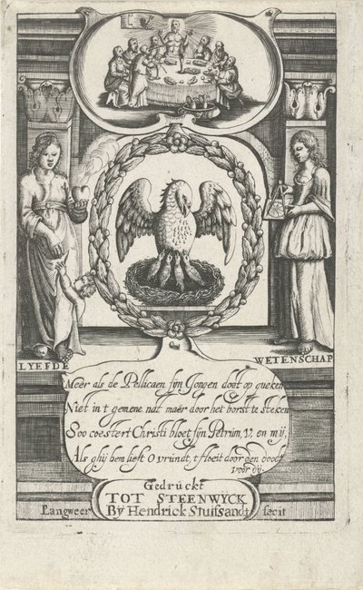 Pelikan som matar sina ungar med sitt eget blod Titelsida för: D. van Baardt, Tapestry of the spiritual and worldly rulership, 1661 av P. Langweer