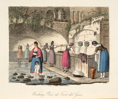 Tvättställe vid Torre del Greco, från italienska landskap, representerande seder, seder och nöjen i de olika staterna i Italien, pub. 1806 (handfärgad gravyr) av P. van (after) Lerberghi