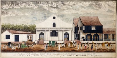 En södervy av Wesleyan Mission House, Colombo på ön Ceylon, uppfört Anno Domini 1816, ca 1816 (akvarell) av P. van Houten