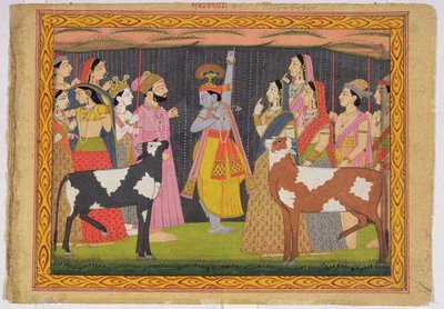 Krishna lyfter berget Govardhana, från Bhagavata purana, Kulu, Himachal Pradesh, 1749 av Pahari School