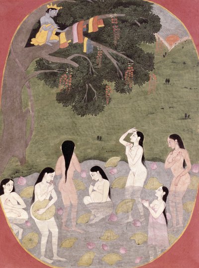 Krishna med koflickornas kläder, Tehri-Garhwal, ca 1820-30 av Pahari School