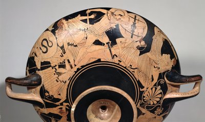 Detalj av en bägare med röd figur på vinden som visar scener från det trojanska kriget, ca 490 f.Kr. (keramik) (se 92562 & 211797 för interiör) av Painter Brygos