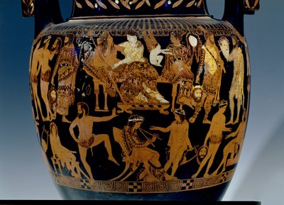 Attisk volutkrater med röd figur, detalj av scen med skådespelare och musiker som förbereder sig för en föreställning före Bacchus och Ariadne, grekiska, från Ruvo, 500-talet f.Kr. (keramik) (se även 119444-5 av Painter Pronomos