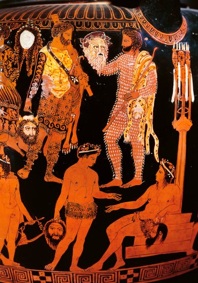 Rödfigursvolutkrater med en skådespelare som håller sin mask, från Ruvo, c.410 f.Kr. (keramik) av Painter Pronomos