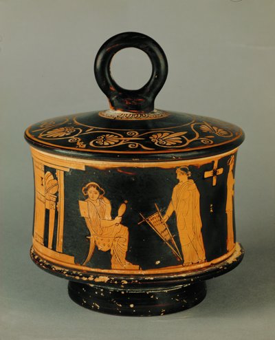 Hushållsscen, två kvinnor i kvinnornas bostad, den ena spinner, den andra håller i en liten handvävstol ... av Painter of the Louvre Centauromach