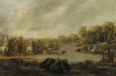 En kavalleristrid vid en flod av Palamedes Palamedesz