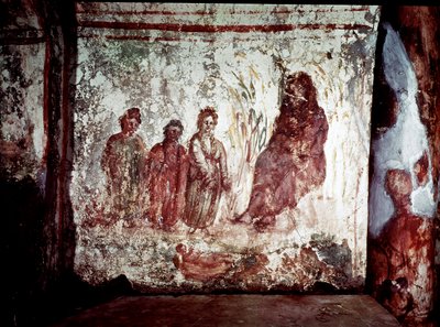 Paleochretisk konst (period i det antika Rom): Moses räddar från Nilens vatten av Faraos dotter. Fresk av katakomben på Via Latina i Rom. 4:e århundradet. - Tidig kristen konst. Moses räddade ur vattnet. Fresk, 300-talet e.Kr. Catacom av Paleo Christian
