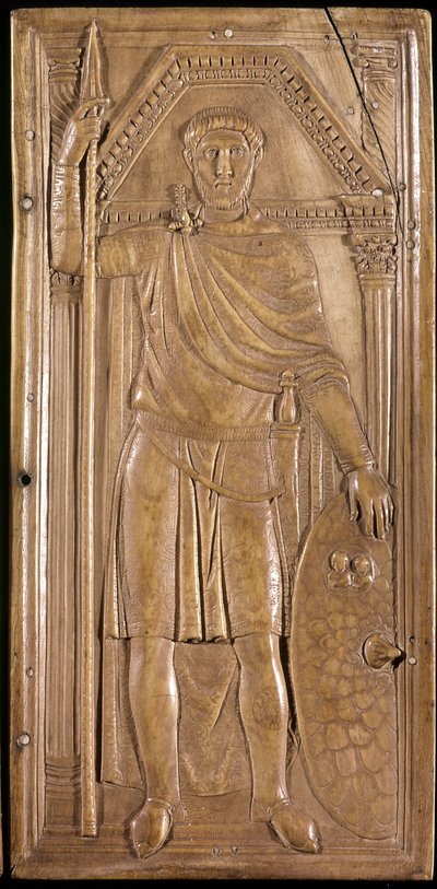 Stilicon i vapen, general, patrice och konsul i det västromerska riket. Höger panel av stilichos dyptik (skulptur på elfenben, ca 395) av Paleo Christian