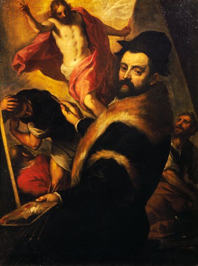 Självporträtt medan du målar Resurrection av Palma Il Giovane