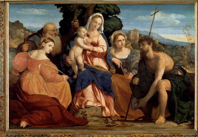 Jungfru med barn med St Catherine och St Celestine (vänster) och Johannes Döparen och Barbara (höger) (Målning av Palma Il Giovane