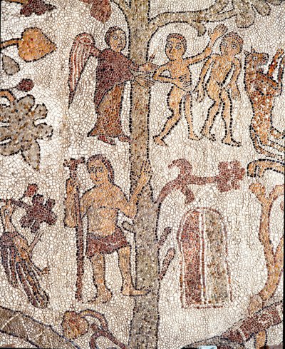 Adam och Eva jagar från Jordens paradismosaik av Pantaleone, präst och mosaist. 1163-1166. Centralskepp i katedralen i Otranto av Pantaleon
