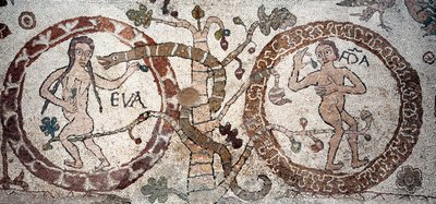 Adams och Evas frestelse Mosaik av Pantaleone, präst och mosaist. 1163-1166. Centralskeppet i katedralen i Otranto (Otranto), Italien av Pantaleon Pantaleon