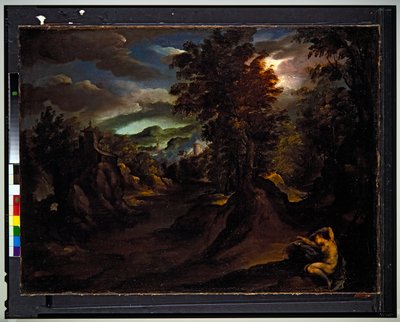 Eine bewaldete bergige Landschaft mit schlafender Antiope von Paolo (1540-96) Fiammingo