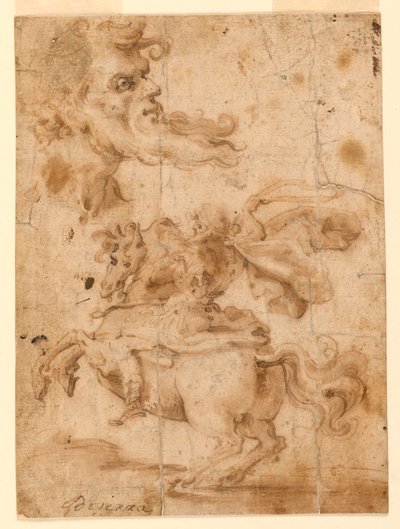 Teckning, Huvudet av en skäggig man, en man till häst, ca 1650 av Paolo Emilio Besenzi
