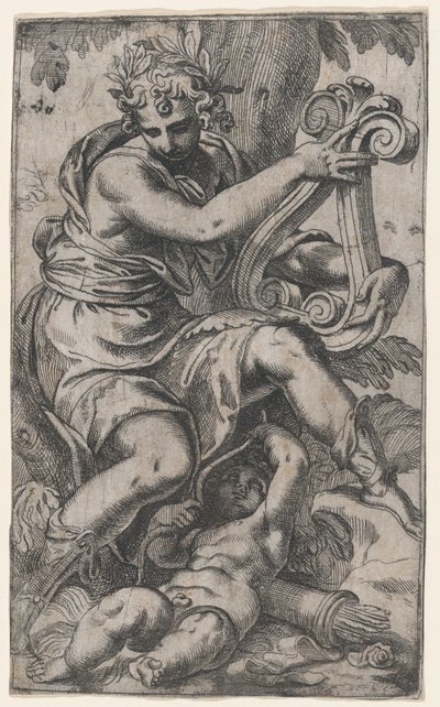 Amor och Apollon med lyra, ca. 1568., ca. 1568. av Paolo Farinati