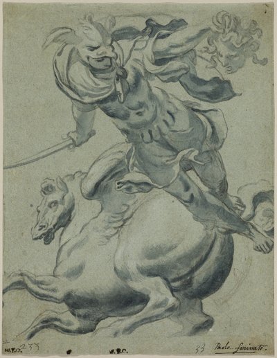 Perseus håller Medusas huvud, med Pegasus i bakgrunden av Paolo Farinati