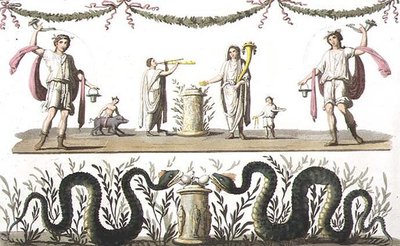 Fresker från larariumet i ett privat hus i Pompeji, från "Le Costume Ancien et Moderne" av Jules Ferrario, publicerad på 1820-30-talen (färglitografi). av Paolo Fumagalli