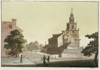 Independence Hall, Philadelphia, Pennsylvania, från "Le Costume Ancien et Moderne", volym I, platta 41, av Jules Ferrario, publicerad på 1820-30-talet (färggravyr). av Paolo Fumagalli
