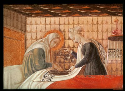 Jungfruns födelse, detalj om St. Anne och en skötare, 1440 fresk se även 85549 av Paolo Uccello